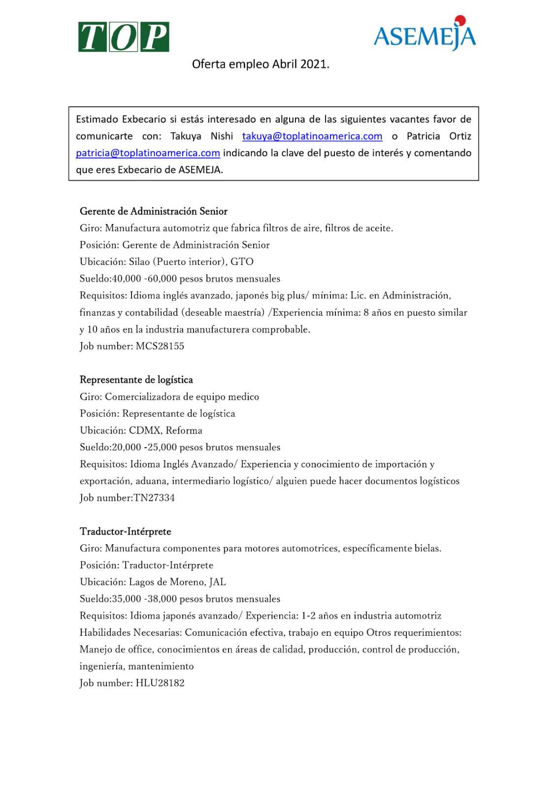 Oferta de Empleo Abril 2021