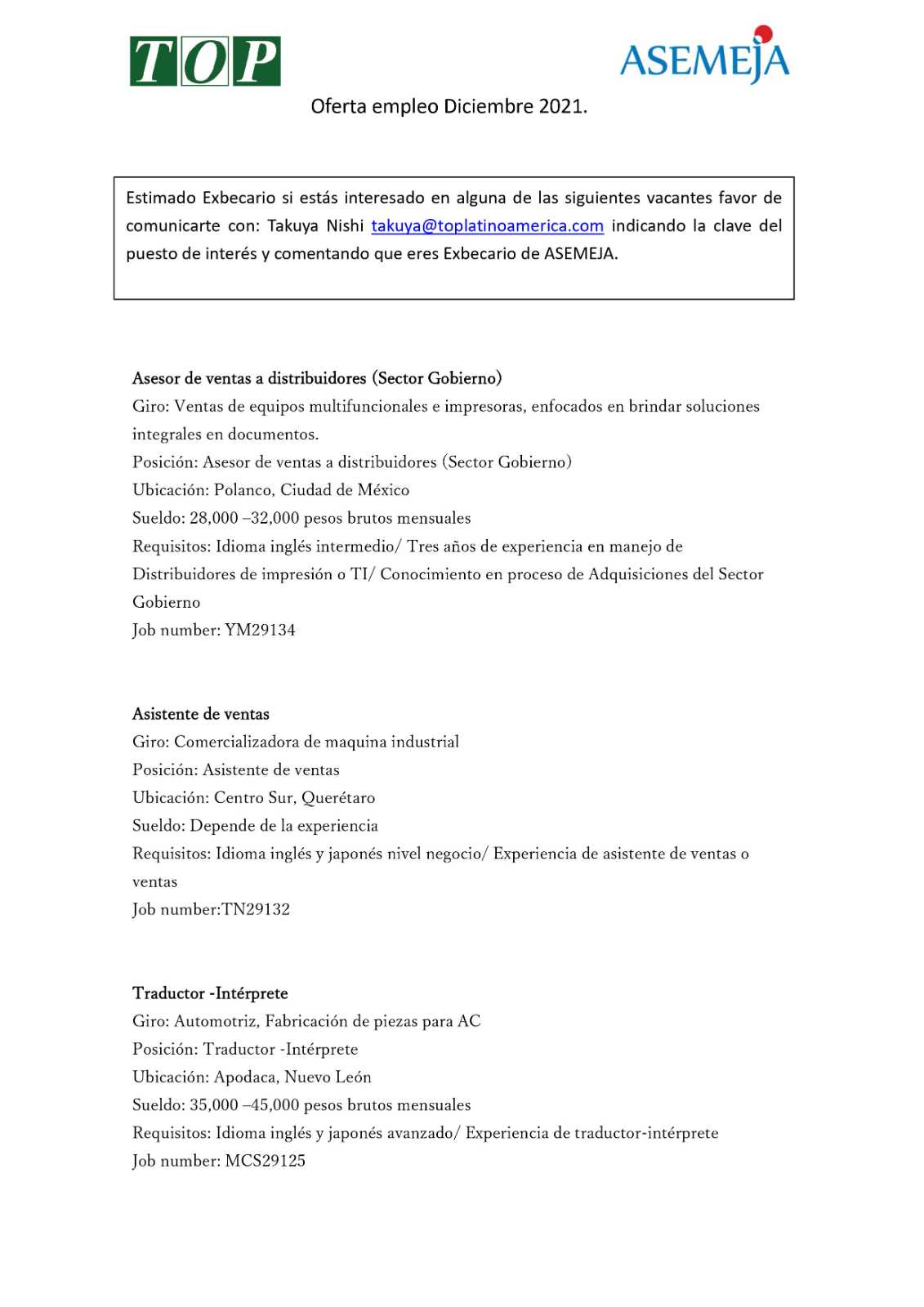 Oferta de Empleo Diciembre 2021