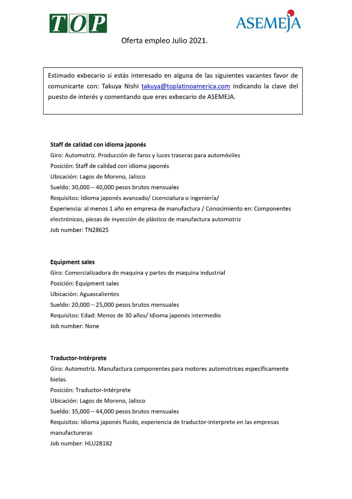 Oferta de Empleo Julio 2021