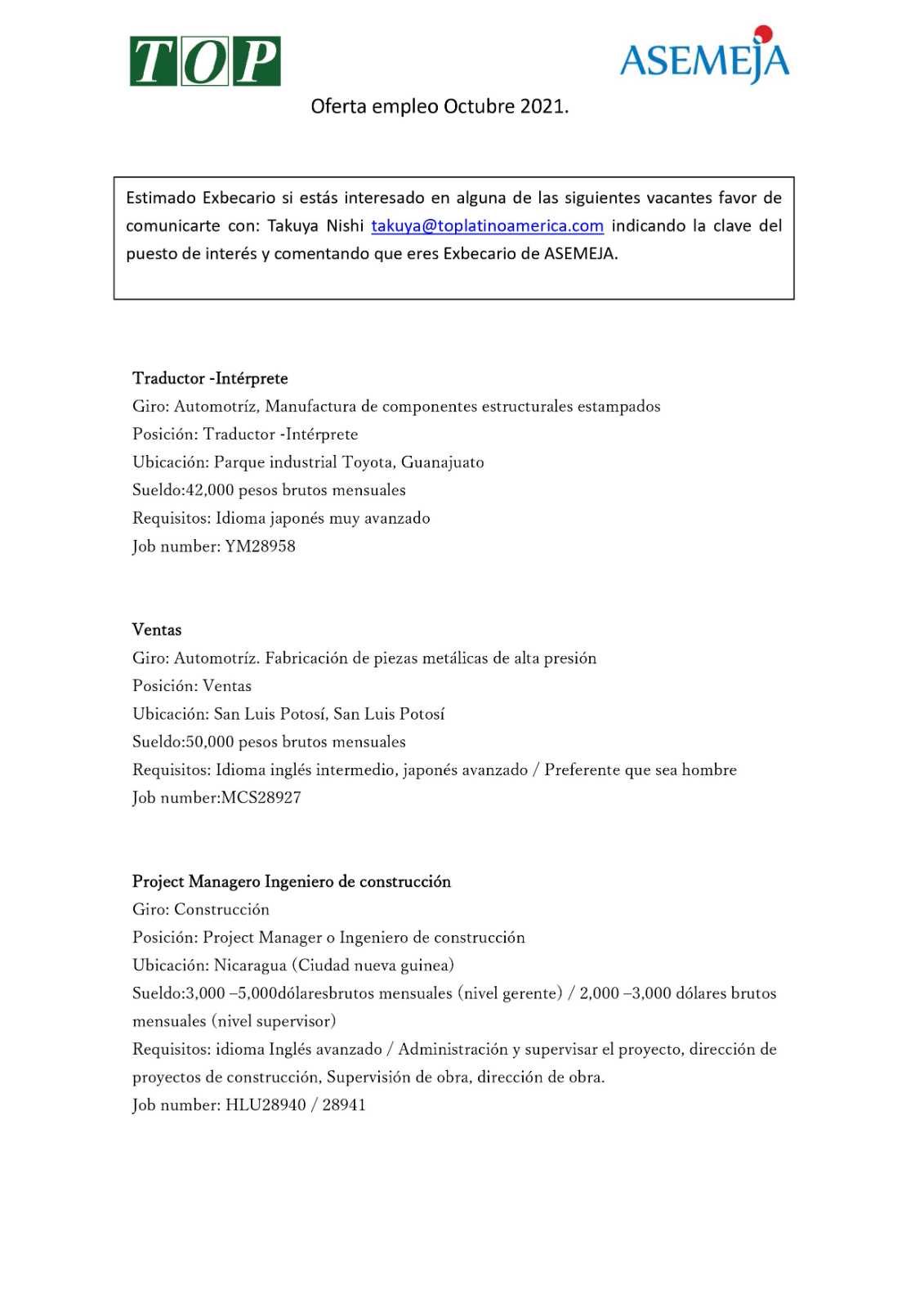 Oferta de Empleo Octubre 2021