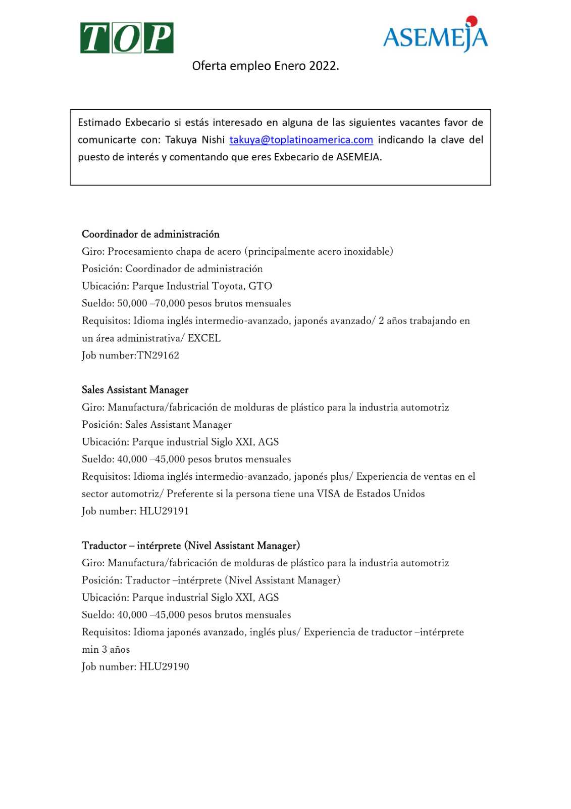 Oferta de Empleo Enero 2022